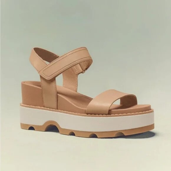 NWoB SOREL JOANIE IV Y Strap 3" Platform Wedge Sandals Hook Loop Tan Leather - Picture 1 of 13
